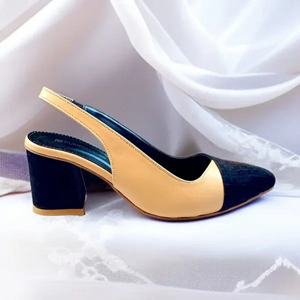 Beige & Black Charm Slingback Block Heel PIU_228 Sofa & Fabric ladies shoes PumpItUp.pk