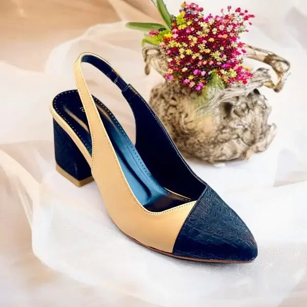 Beige & Black Charm Slingback Block Heel PIU_228 Sofa & Fabric ladies shoes PumpItUp.pk