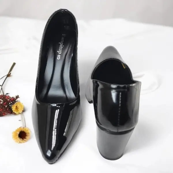 Black Comfy Court Shoe Block Heel PIU_172 imported patent rexine ladies shoes PumpItUp.pk