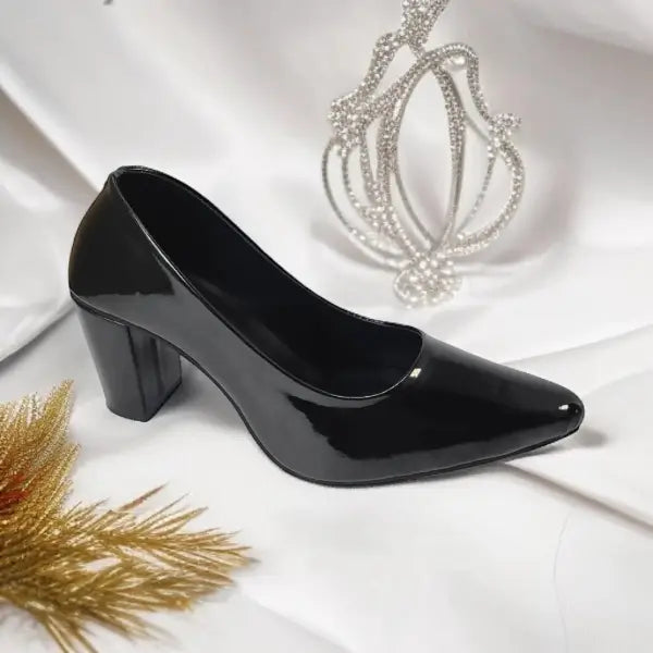 Black Comfy Court Shoe Block Heel PIU_172 imported patent rexine ladies shoes PumpItUp.pk