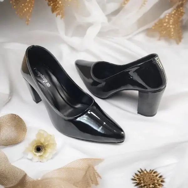 Black Comfy Court Shoe Block Heel PIU_172 imported patent rexine ladies shoes PumpItUp.pk