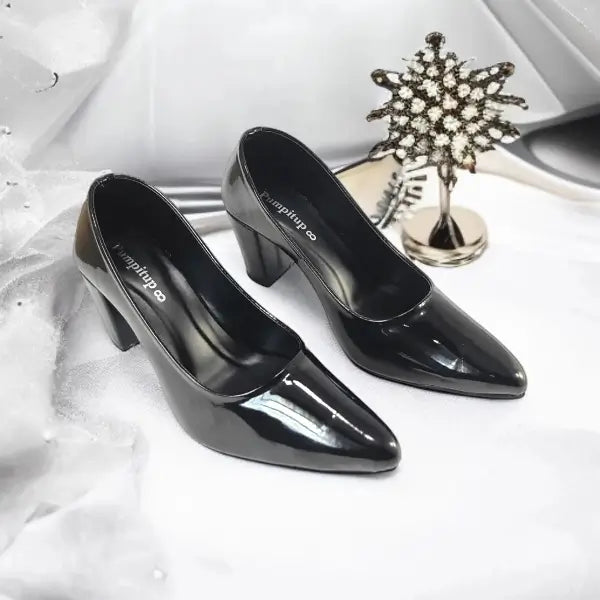 Black Comfy Court Shoe Block Heel PIU_172 imported patent rexine ladies shoes PumpItUp.pk