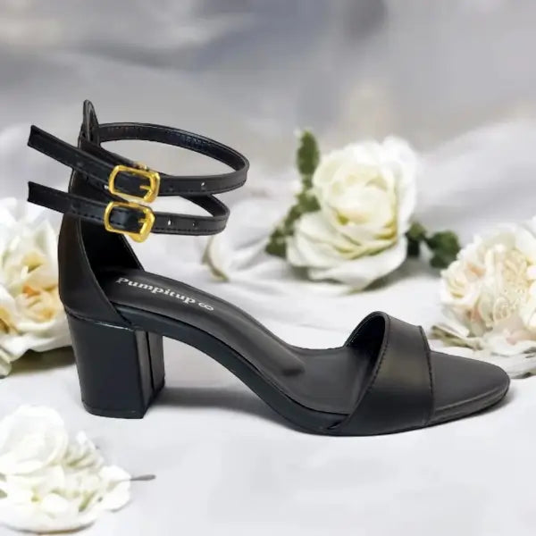 Black Double Straps Block Heel Sandal PIU_162 Sofa Rexine ladies shoes PumpItUp.pk