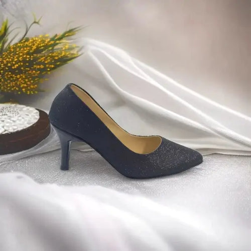 Black Glitter Shine Court Shoe Heel PIU_86 shine rexine ladies shoes PumpItUp.pk