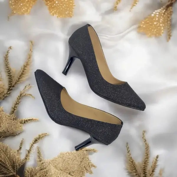 Black Glitter Shine Court Shoe Heel PIU_86 shine rexine ladies shoes PumpItUp.pk