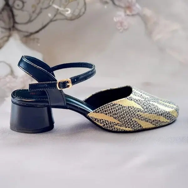 Black & Gold Dusk Heels Block Heel PIU_230 Sofa Rexine ladies shoes PumpItUp.pk