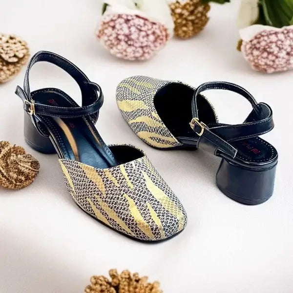 Black & Gold Dusk Heels Block Heel PIU_230 Sofa Rexine ladies shoes PumpItUp.pk