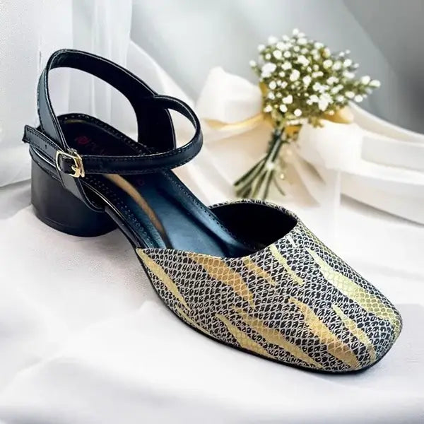 Black & Gold Dusk Heels Block Heel PIU_230 Sofa Rexine ladies shoes PumpItUp.pk