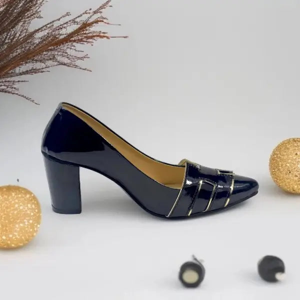 Black H Block Heel Court Shoe PIU_64 patent rexine ladies shoes PumpItUp.pk