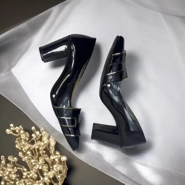 Black H Block Heel Court Shoe PIU_64 patent rexine ladies shoes PumpItUp.pk