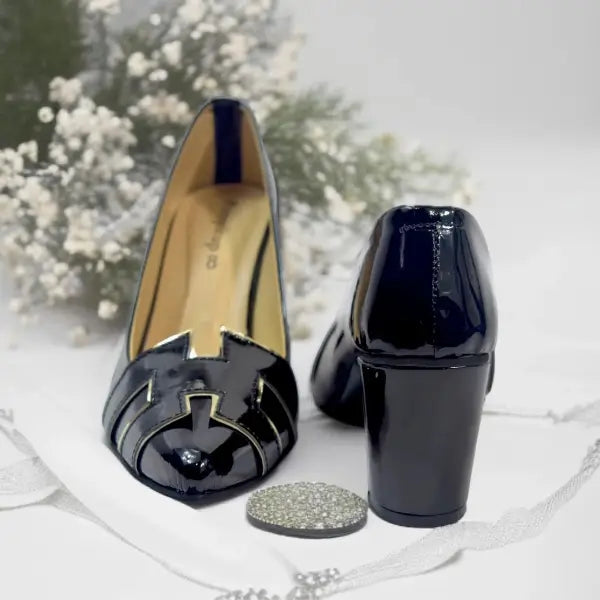 Black H Block Heel Court Shoe PIU_64 patent rexine ladies shoes PumpItUp.pk