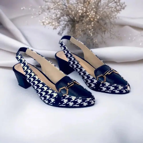 Black & White Sling Back Block Heel Sandal PIU_160 Amarah Fabric Rexine ladies shoes PumpItUp.pk