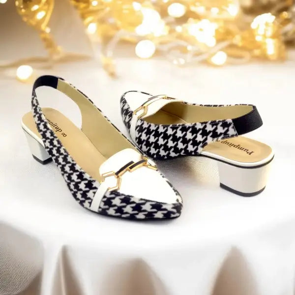 Black & White Sling Back Block Heel Sandal PIU_182 Amarah Fabric Rexine ladies shoes PumpItUp.pk