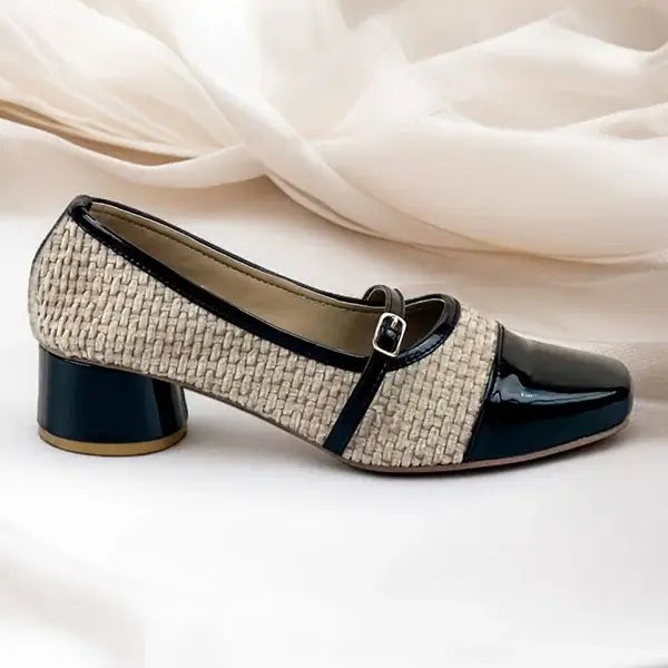 Black Woven Retro Block Heel PIU_245 Patent & Amarah Rexine ladies shoes PumpItUp.pk
