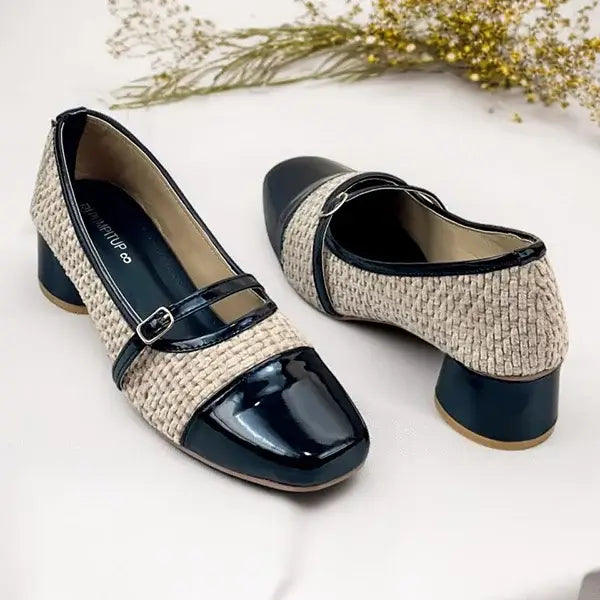 Black Woven Retro Block Heel PIU_245 Patent & Amarah Rexine ladies shoes PumpItUp.pk