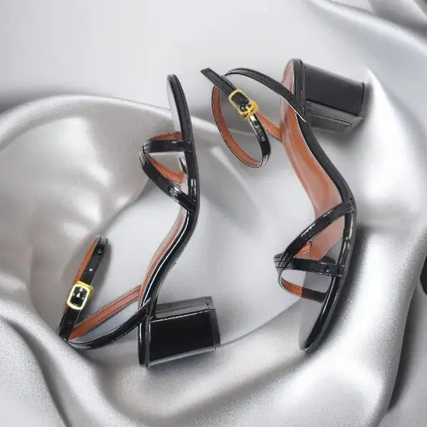 Black X Block Heel Sandal PIU_177 patent rexine ladies shoes PumpItUp.pk