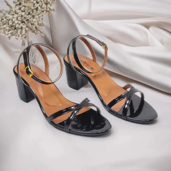 Black X Block Heel Sandal PIU_177 patent rexine ladies shoes PumpItUp.pk