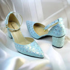 Blue Sparkle Block Heel Pump PIU_195 Fine Shiny Rexine ladies shoes PumpItUp.pk