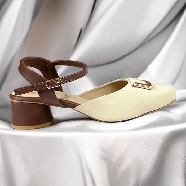 Brown Cream Duo Slingback Block Heel PIU_252 Amarah Rexine ladies shoes PumpItUp.pk