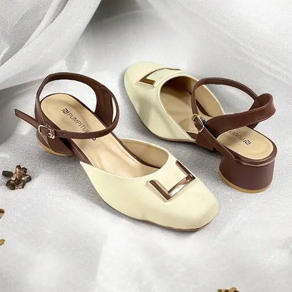 Brown Cream Duo Slingback Block Heel PIU_252 Amarah Rexine ladies shoes PumpItUp.pk