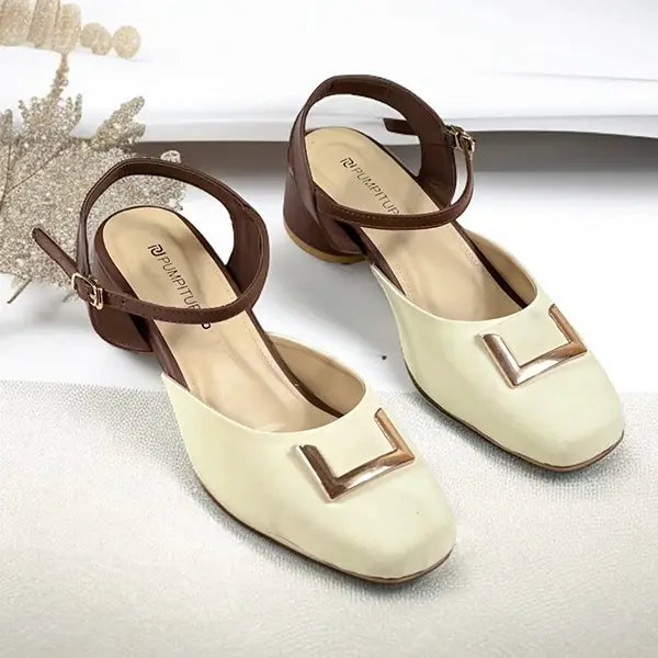 Brown Cream Duo Slingback Block Heel PIU_252 Amarah Rexine ladies shoes PumpItUp.pk