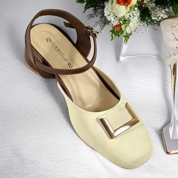 Brown Cream Duo Slingback Block Heel PIU_252 Amarah Rexine ladies shoes PumpItUp.pk