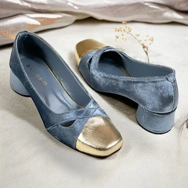 Charcoal Grey Gold Toe Block Heel PIU_250 Amarah Rexine ladies shoes PumpItUp.pk
