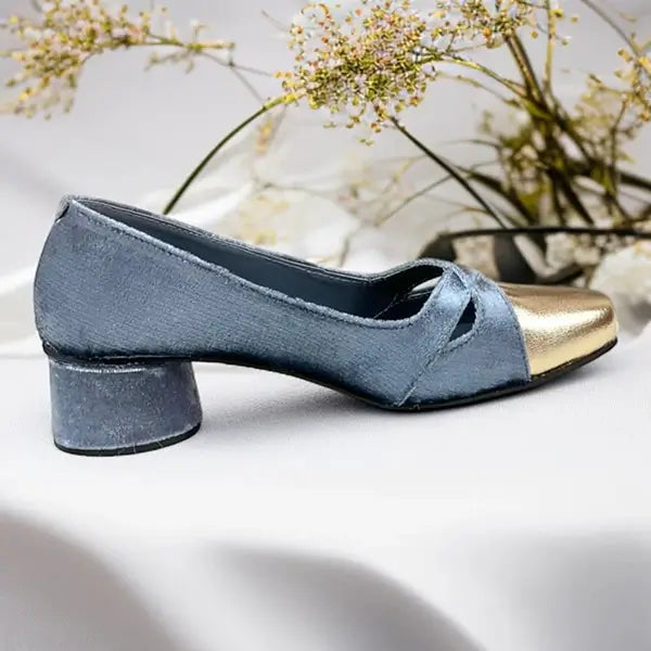 Charcoal Grey Gold Toe Block Heel PIU_250 Amarah Rexine ladies shoes PumpItUp.pk