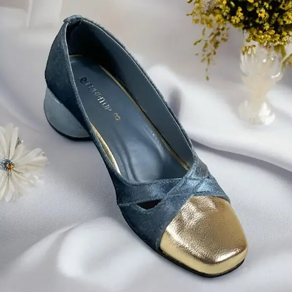 Charcoal Grey Gold Toe Block Heel PIU_250 Amarah Rexine ladies shoes PumpItUp.pk