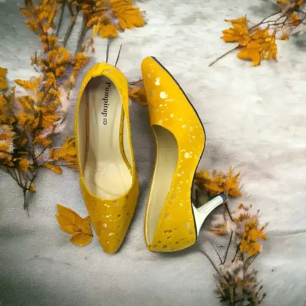 Chrome Yellow Stiletto Heel Pump PIU_150 Amara Fabric ladies shoes PumpItUp.pk