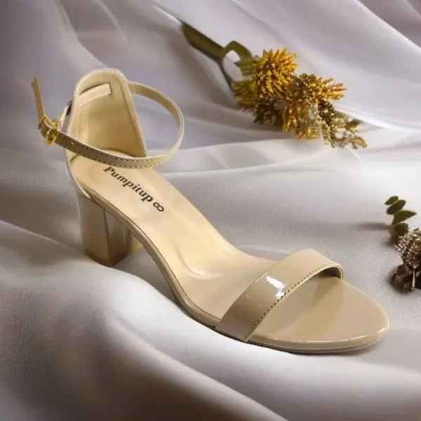 Cream Blond Yaro Block Heel Sandal PIU_170 patent rexine ladies shoes PumpItUp.pk