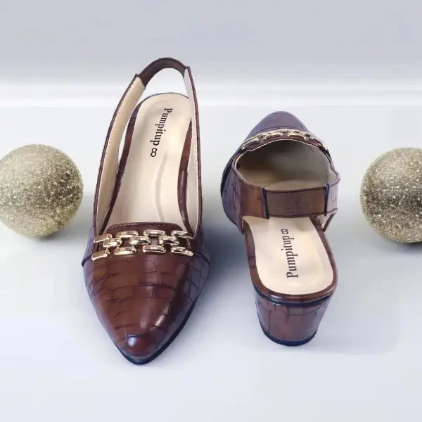 Crocodile Chain Slingback Block Heel Pump PIU_167 Crocodile Leather Rexine ladies shoes PumpItUp.pk