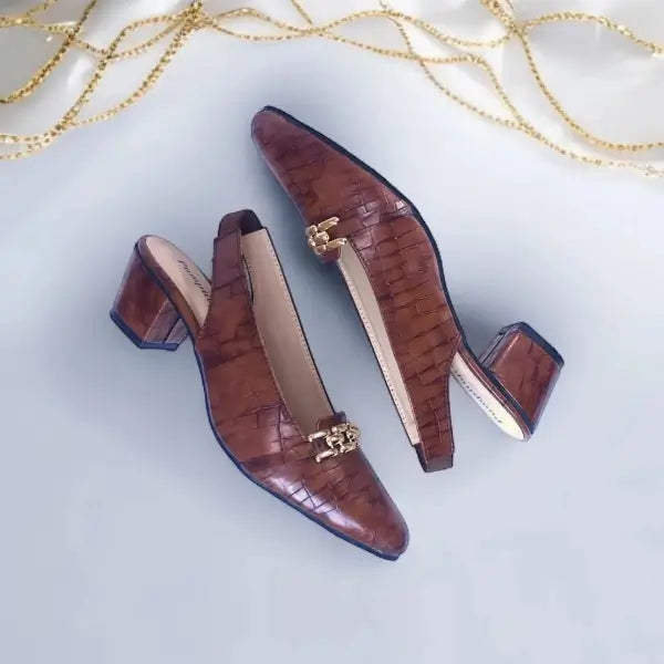 Crocodile Chain Slingback Block Heel Pump PIU_167 Crocodile Leather Rexine ladies shoes PumpItUp.pk