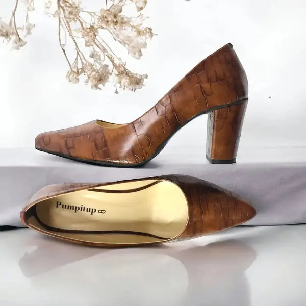 Dark Crocodile Block Heel Pump PIU_139 Crocodile Leather Rexine ladies shoes PumpItUp.pk