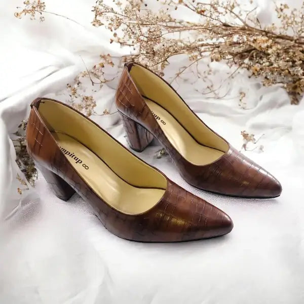 Dark Crocodile Block Heel Pump PIU_139 Crocodile Leather Rexine ladies shoes PumpItUp.pk