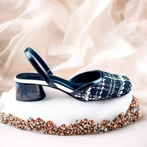 Ecru Black Tweed Texture Slingback Block Heel PIU_227 Bori Fabric ladies shoes PumpItUp.pk