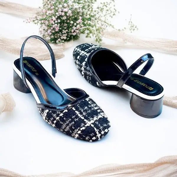 Ecru Black Tweed Texture Slingback Block Heel PIU_227 Bori Fabric ladies shoes PumpItUp.pk