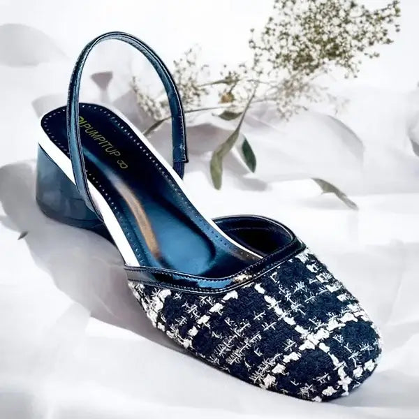 Ecru Black Tweed Texture Slingback Block Heel PIU_227 Bori Fabric ladies shoes PumpItUp.pk