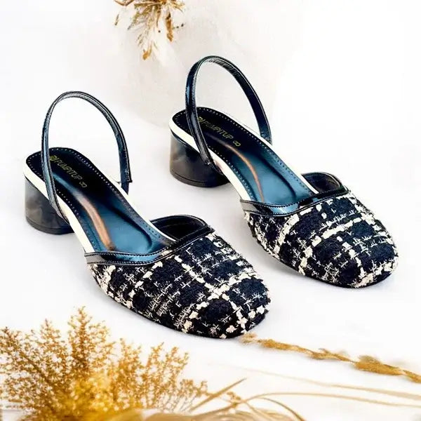 Ecru Black Tweed Texture Slingback Block Heel PIU_227 Bori Fabric ladies shoes PumpItUp.pk