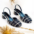 Ecru Black Tweed Texture Slingback Block Heel PIU_227 Bori Fabric ladies shoes PumpItUp.pk