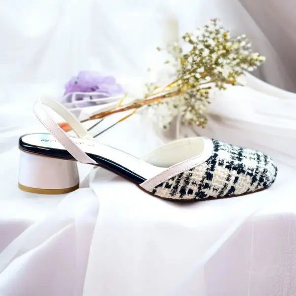 Ecru White Tweed Texture Slingback Block Heel PIU_226 Bori Fabric ladies shoes PumpItUp.pk