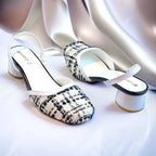 Ecru White Tweed Texture Slingback Block Heel PIU_226 Bori Fabric ladies shoes PumpItUp.pk