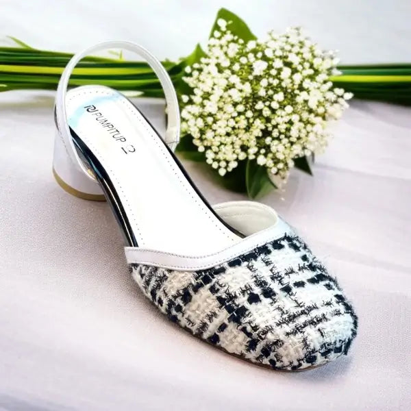 Ecru White Tweed Texture Slingback Block Heel PIU_226 Bori Fabric ladies shoes PumpItUp.pk
