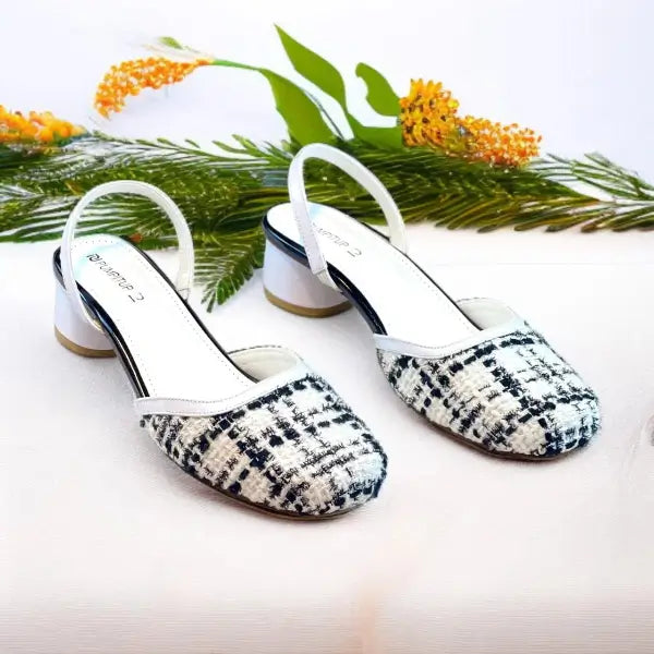 Ecru White Tweed Texture Slingback Block Heel PIU_226 Bori Fabric ladies shoes PumpItUp.pk