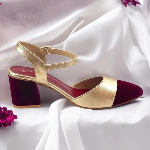 Gold Mehroon Essential Block Heel PIU_242 Sofa Amarah Rexine ladies shoes PumpItUp.pk