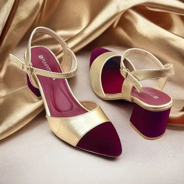 Gold Mehroon Essential Block Heel PIU_242 Sofa Amarah Rexine ladies shoes PumpItUp.pk