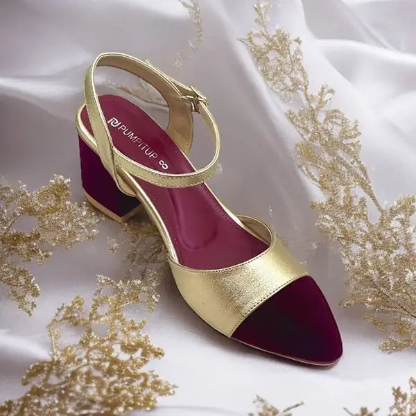 Gold Mehroon Essential Block Heel PIU_242 Sofa Amarah Rexine ladies shoes PumpItUp.pk