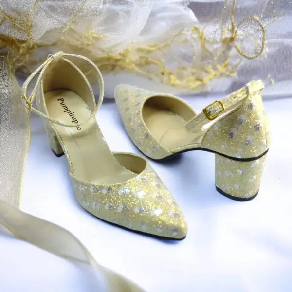Gold Sparkle Block Heel Pump PIU_196 Fine Shiny Rexine ladies shoes PumpItUp.pk