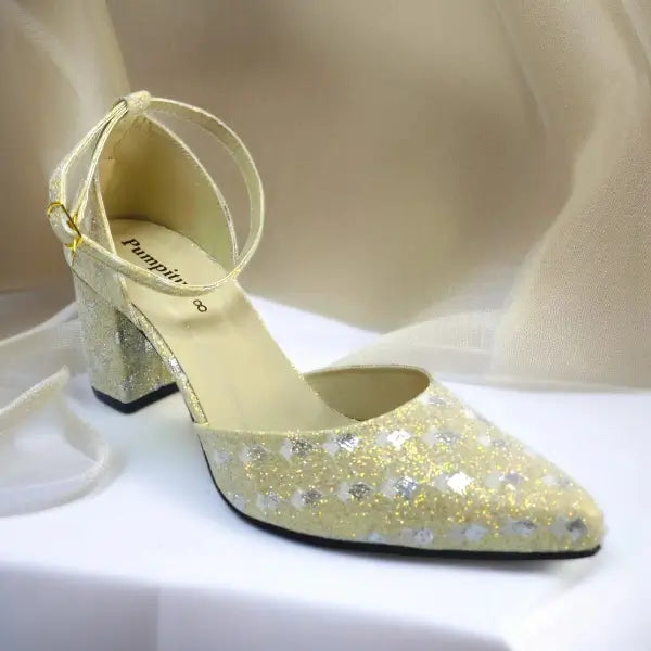 Gold Sparkle Block Heel Pump PIU_196 Fine Shiny Rexine ladies shoes PumpItUp.pk