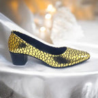 Golden Auric Scales Block Heel PIU_186 Shine Sweet Gold-Coated Finish ladies shoes PumpItUp.pk